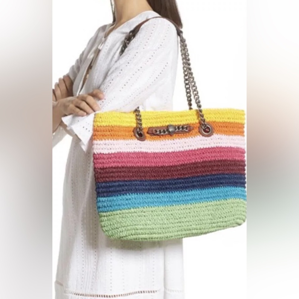 KURT GEIGER LONDON Chelsea Rainbow Raffia Open Top Convertible Straw Tot…